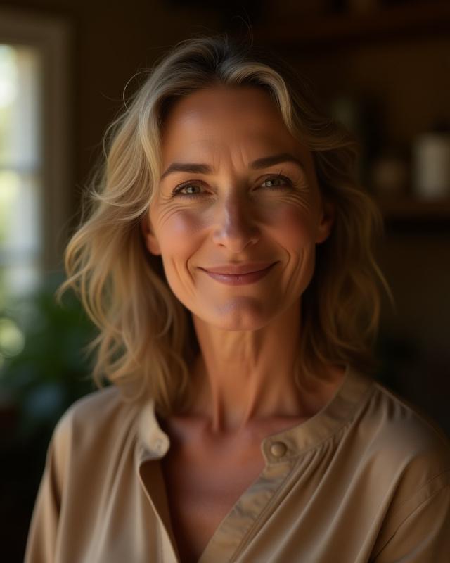 A warm, professional portrait of Betty S Miller, founder and artisanal perfumer, smiling gently in her studio surrounded by natural elements.