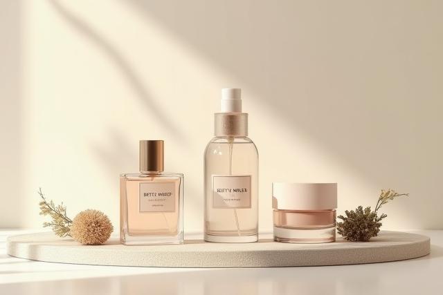 A tasteful display of finished BETTY S MILLER perfume bottles and solid perfume compacts on a wooden surface, with soft, natural lighting.