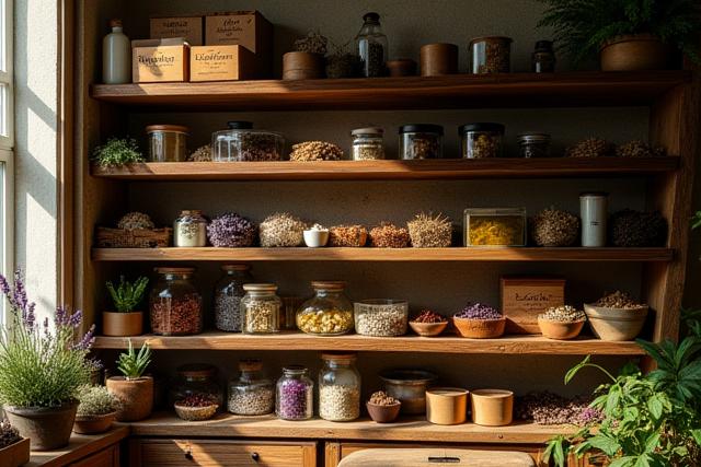 Shelves filled with various natural ingredients for perfumery – dried flowers, resins, woods, and labeled glass jars in a rustic, sunlit studio.