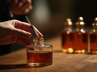An artisanal perfumer's hands carefully blending various precious essential oils in small glass beakers, with aged perfume bottles in the background.
