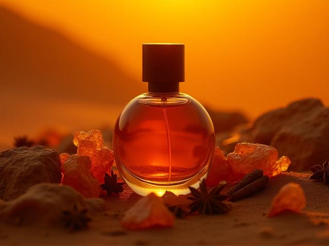 Perfume bottle with warm, golden light suggestive of desert landscapes, alongside ancient amber resins and dried spices, indicating a rich, resinous scent.