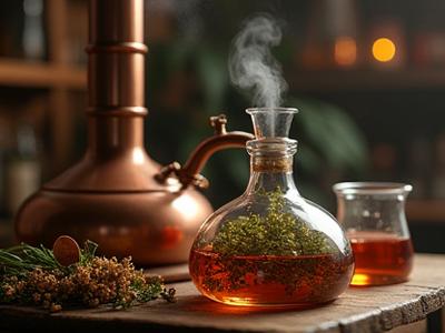Close-up of a traditional copper still, gently distilling aromatic essential oils from fresh plant material, steam subtly rising.