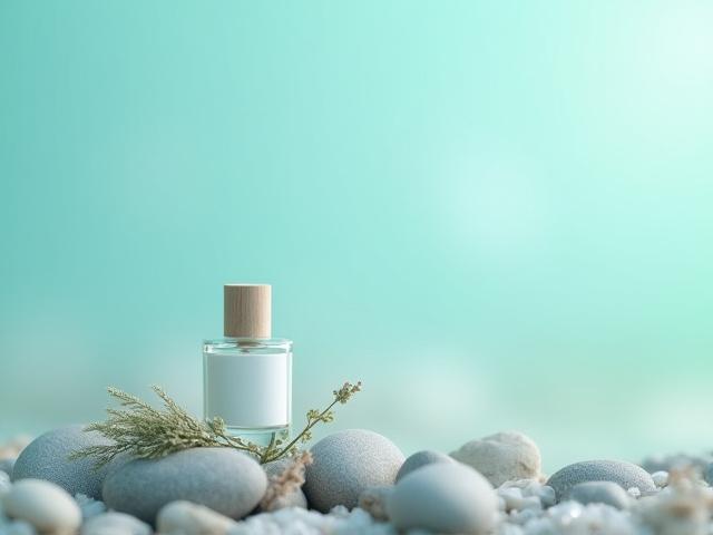 Perfume bottle set on smooth sea-worn stones with subtle hints of sea salt and aquatic herbs, conveying a fresh, green, and slightly marine fragrance.