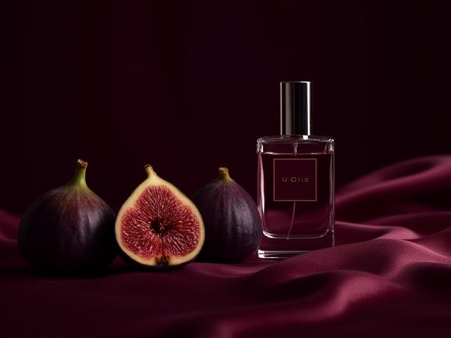 Perfume bottle next to ripe figs and velvet fabric, suggesting a soft, fruity, and sophisticated scent.