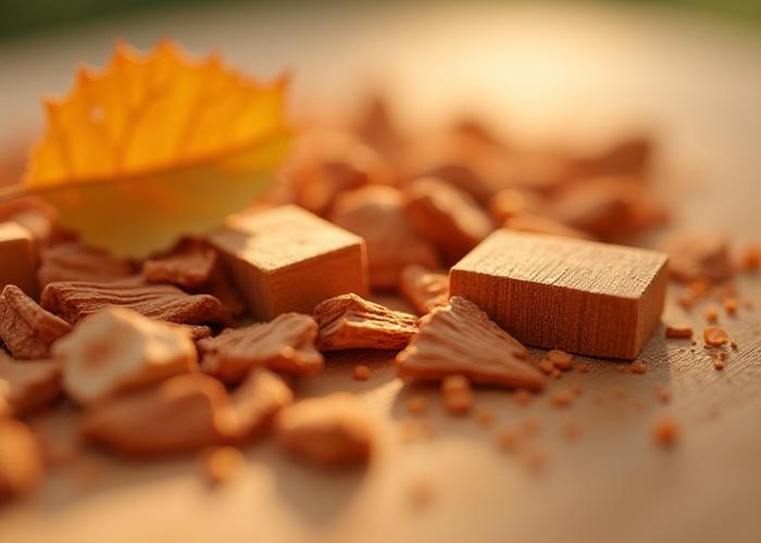 Beautifully textured Virginia Cedarwood shavings and small blocks, with a subtle background of forest light, emphasizing its natural warmth.