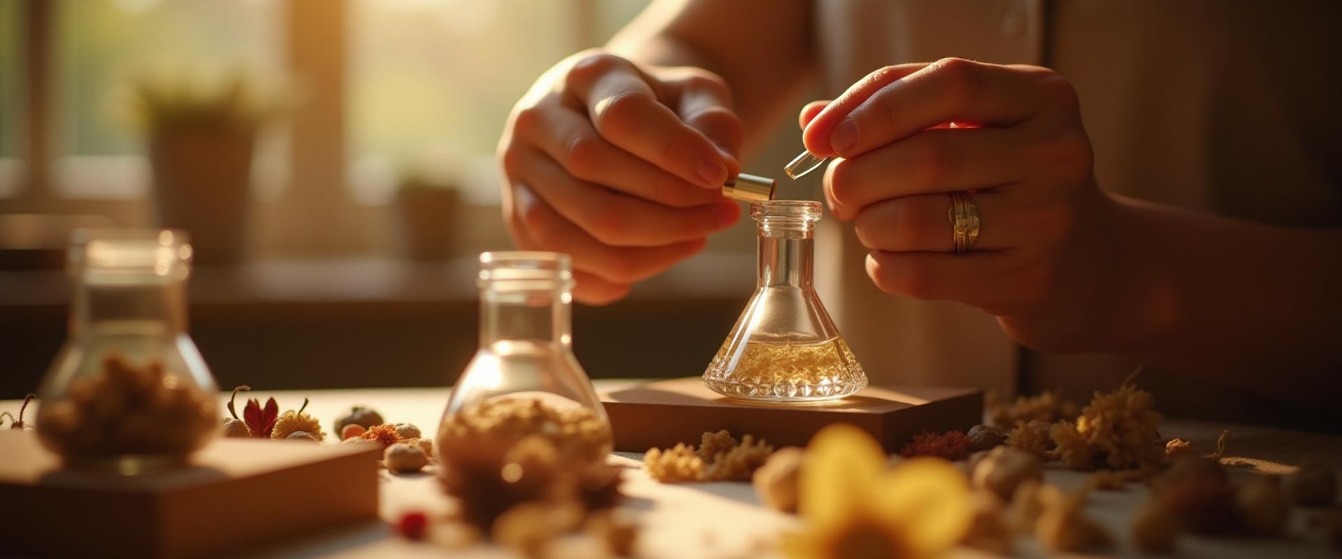Artisanal perfumer's hands carefully blending natural essential oils in a warm, artistic studio.