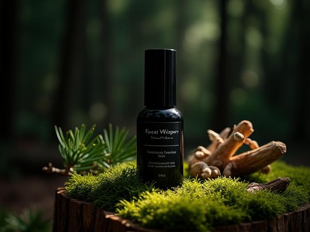 Forest Whisper perfume oil rollerball, surrounded by green moss and shadowed leaves.