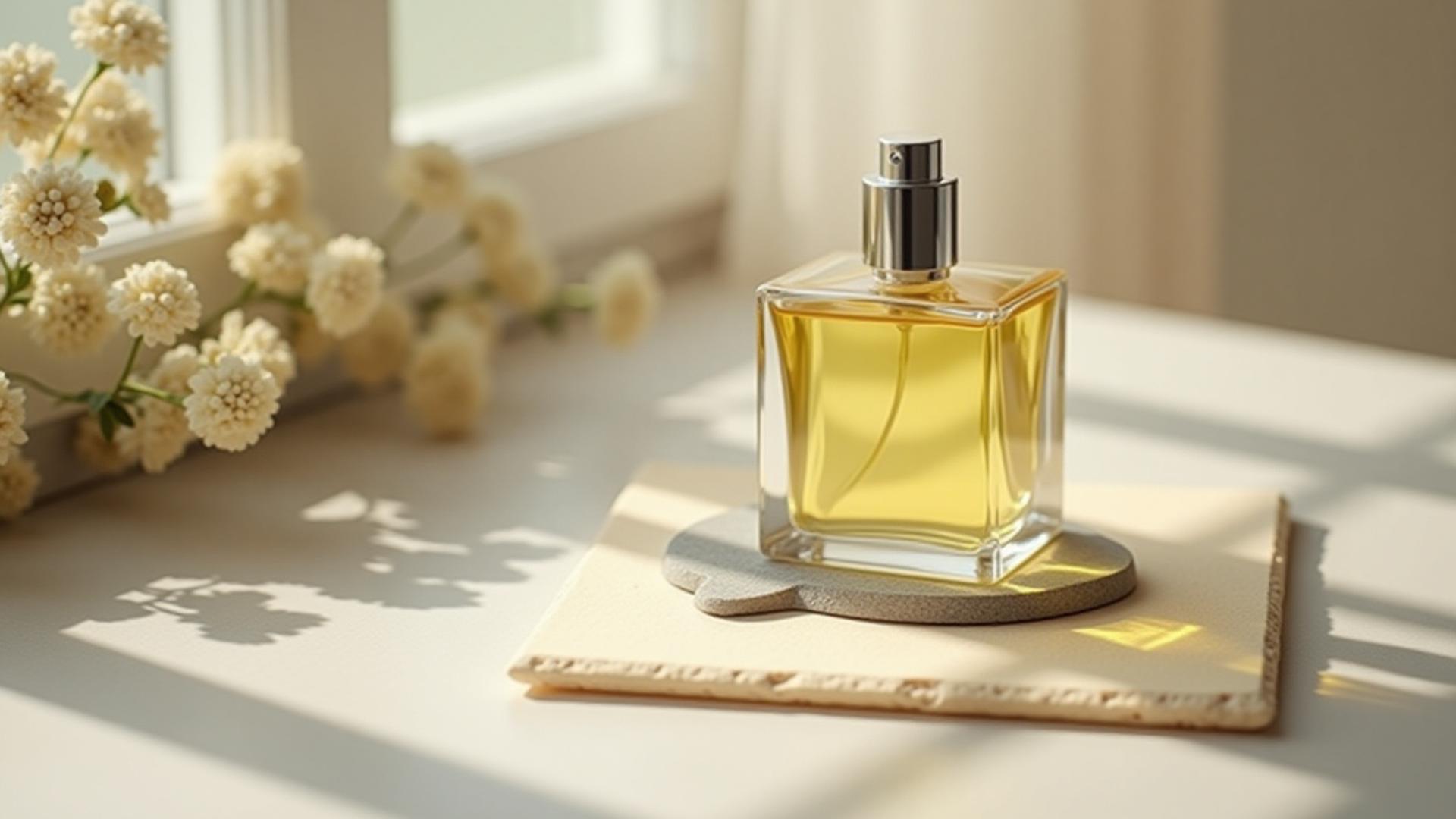 Close-up of a delicate glass rollerball perfume bottle resting on a natural, softly textured surface like wood or slate, bathed in soft, diffused light.