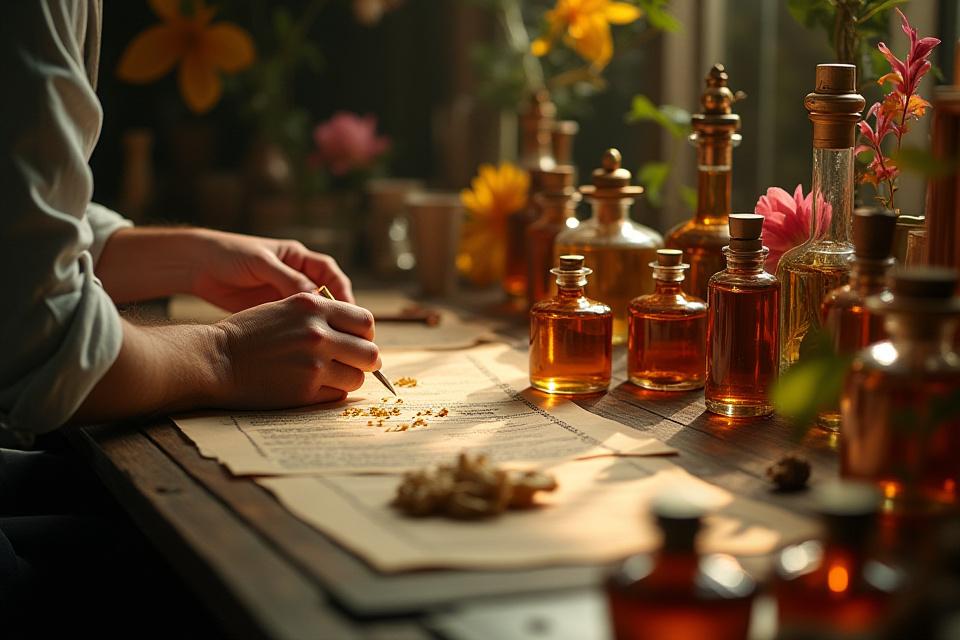 A perfumer's meticulous workstation with vials, natural essences, and delicate instruments under warm light