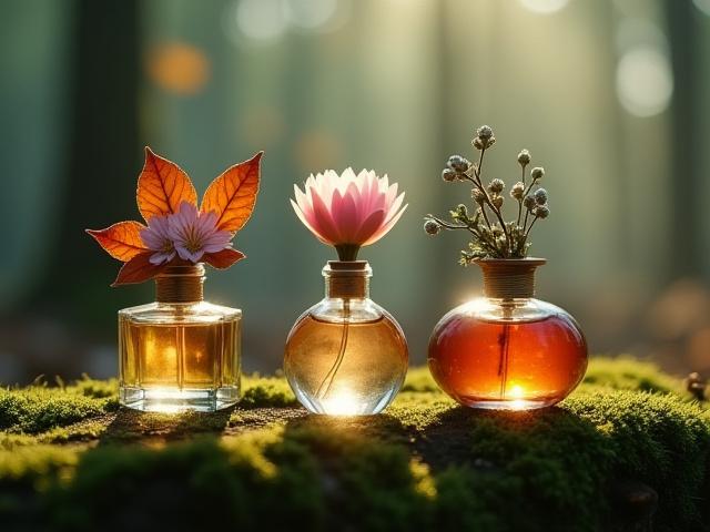 A collection of perfume bottles with seasonal elements like autumn leaves or spring blooms