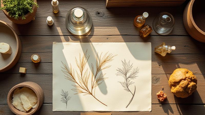 Perfumer's mood board with rare raw materials and sketches