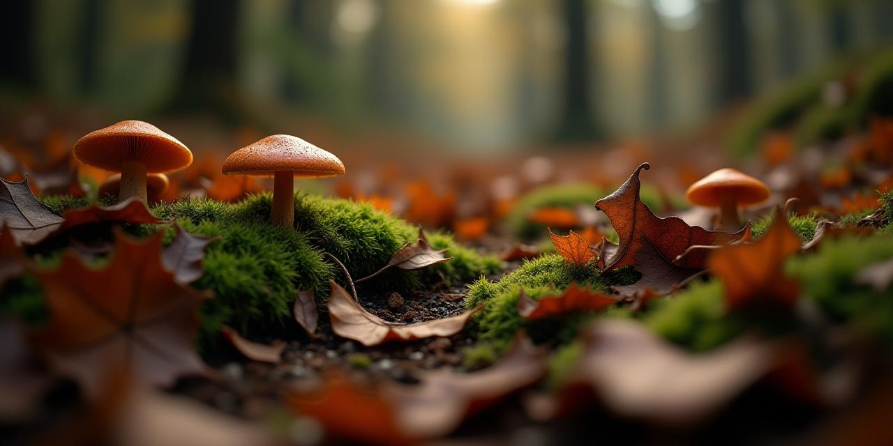 Detailed shot of damp, decaying autumn leaves and moss on a forest floor, with delicate fungi growing.