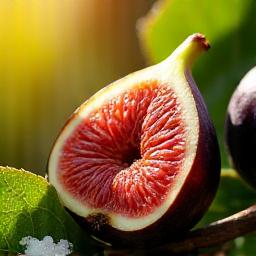 Warm image of a ripe, juicy fig on a branch surrounded by sun-drenched green leaves, representing 'Sun-Drenched Fig' collection.