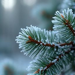 Close-up of pine needles covered in delicate frost and soft snow, in muted winter light, representing 'Frosted Pine' collection.