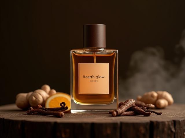 Artisanal perfume bottle labeled 'Hearth Glow' surrounded by cloves, ginger, and vanilla pods on a dark, rustic wooden surface.