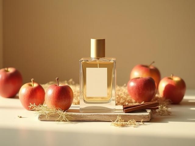 Artisanal perfume bottle labeled 'Orchard Gold' next to fresh autumn apples and dried hay stalks in soft, diffused light.