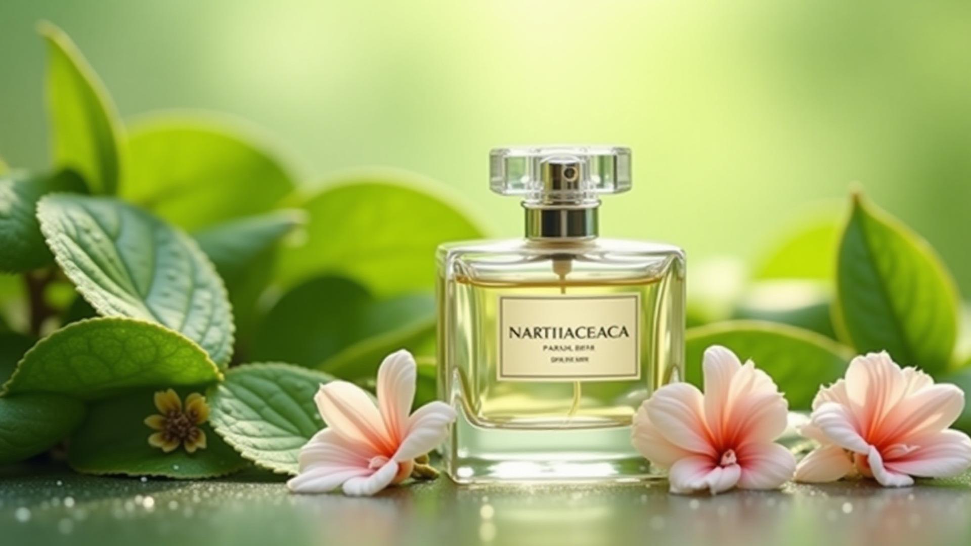A delicate perfume bottle surrounded by lush green leaves and soft pink petals, embodying purity and nature.